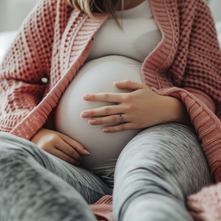 Pregnant woman lying on a bed with her hands on her belly.